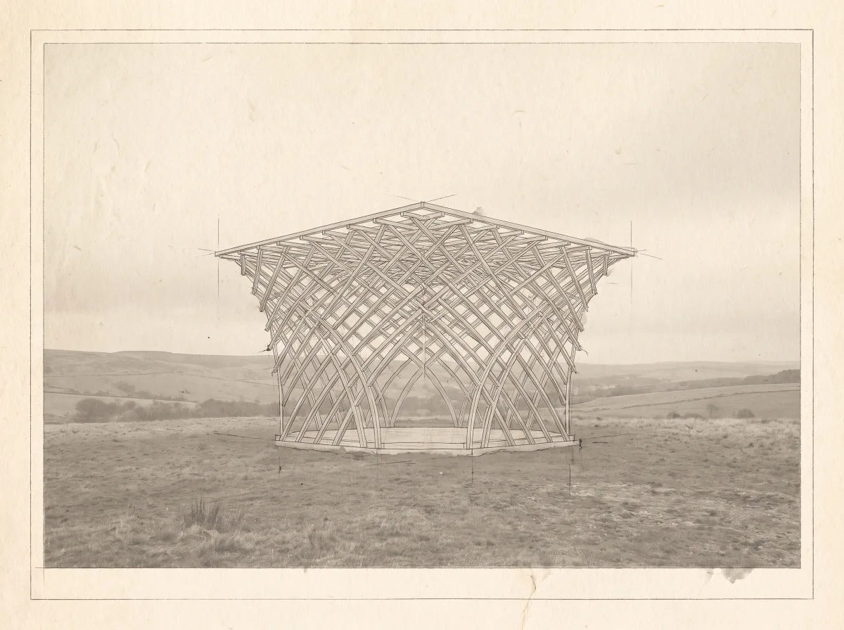 Illustrative study of a woven timber lattice pavilion in an open landscape
