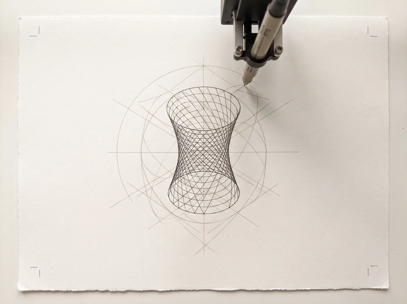 Pen plotter drawing of a parametric tower wireframe on paper